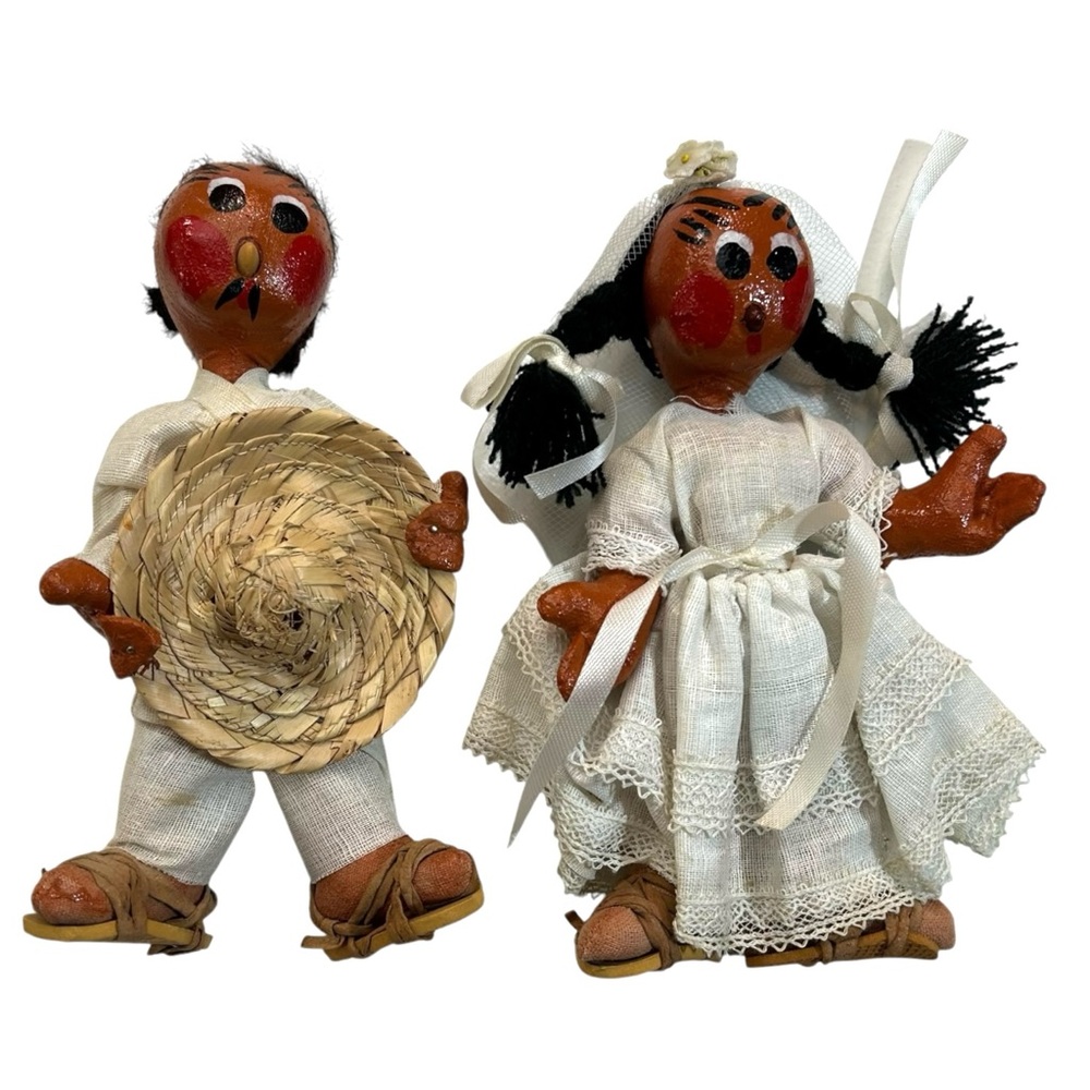 Vintage Wedding Couple Mexico 7” Handmade Paper Mache Dolls Souvenir Folk Art